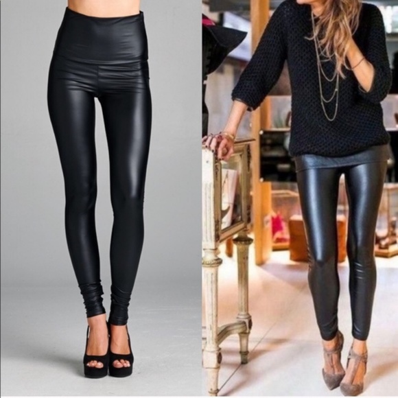 RESTOCK!! 5⭐️Foldable BLACK FAUX LEATHER- Legging - Picture 2 of 3